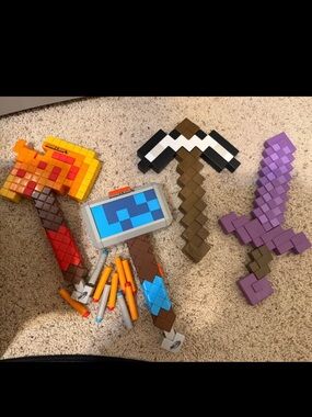 Minecraft Pixel Toy Weapons - Purple Sword, Pickaxe, Hammer, Axe